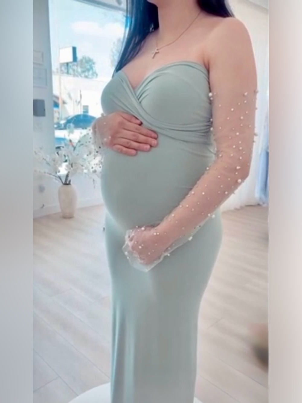 Anyuta Couture Maternity Gown with Pearl-Embellished Sleeves